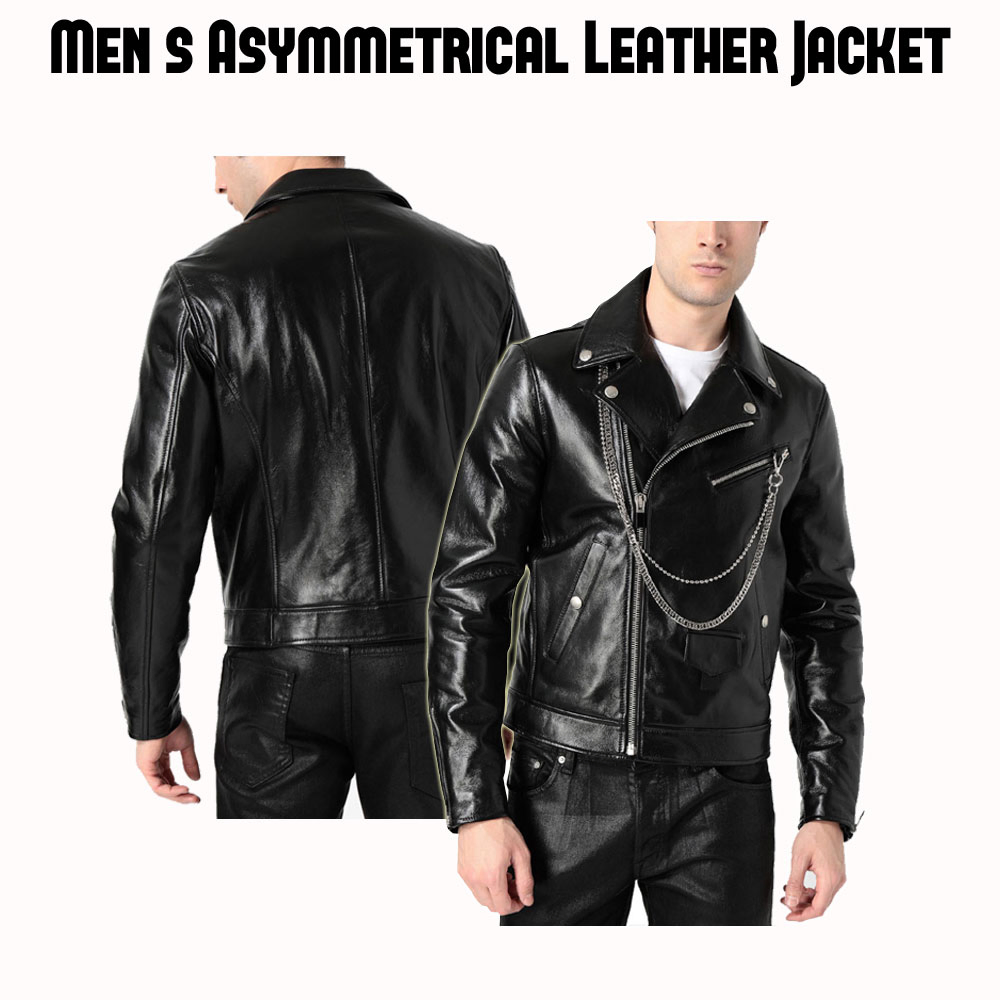 Men's Asymmetrical Zipper Motorcycle Chains Leather Jacket Men's Asymmetrical Zipper Motorcycle Chains Leather Jacket - Image 4