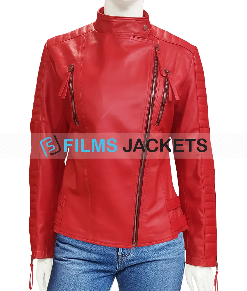 Women's Padded Sleeves Asymmetrical Red Leather Biker Jacket Women's Padded Sleeves Asymmetrical Red Leather Biker Jacket - Image 5