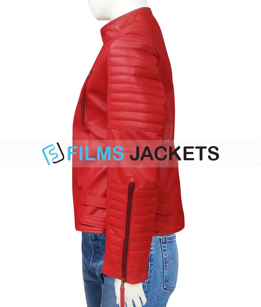 Women's Padded Sleeves Asymmetrical Red Leather Biker Jacket Women's Padded Sleeves Asymmetrical Red Leather Biker Jacket - Image 7