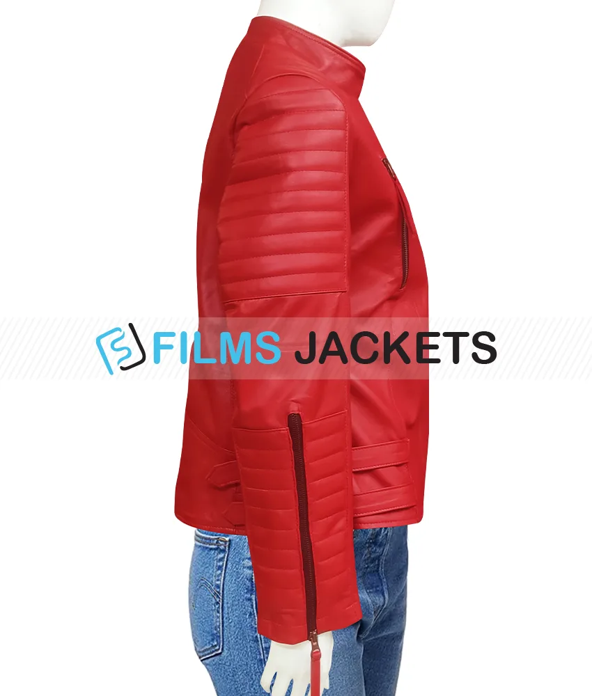 Women's Padded Sleeves Asymmetrical Red Leather Biker Jacket Women's Padded Sleeves Asymmetrical Red Leather Biker Jacket - Image 6