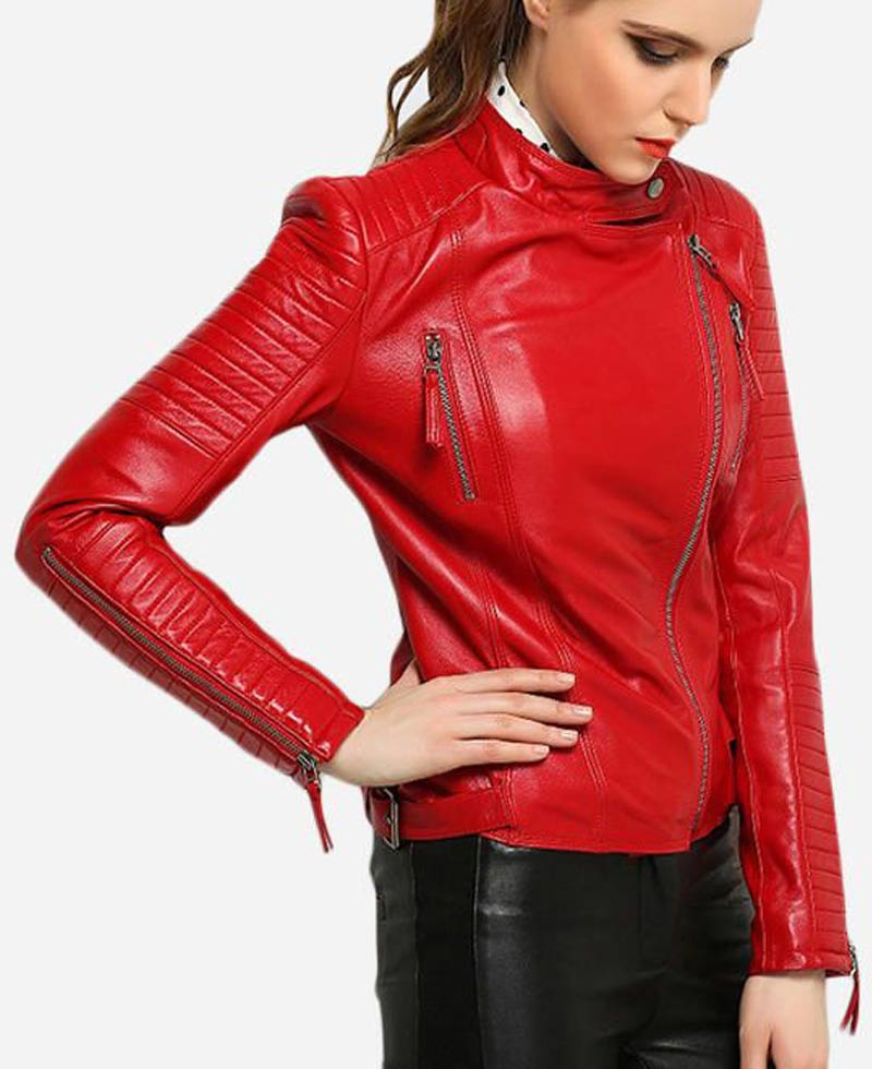 Women's Padded Sleeves Asymmetrical Red Leather Biker Jacket Women's Padded Sleeves Asymmetrical Red Leather Biker Jacket - Image 3
