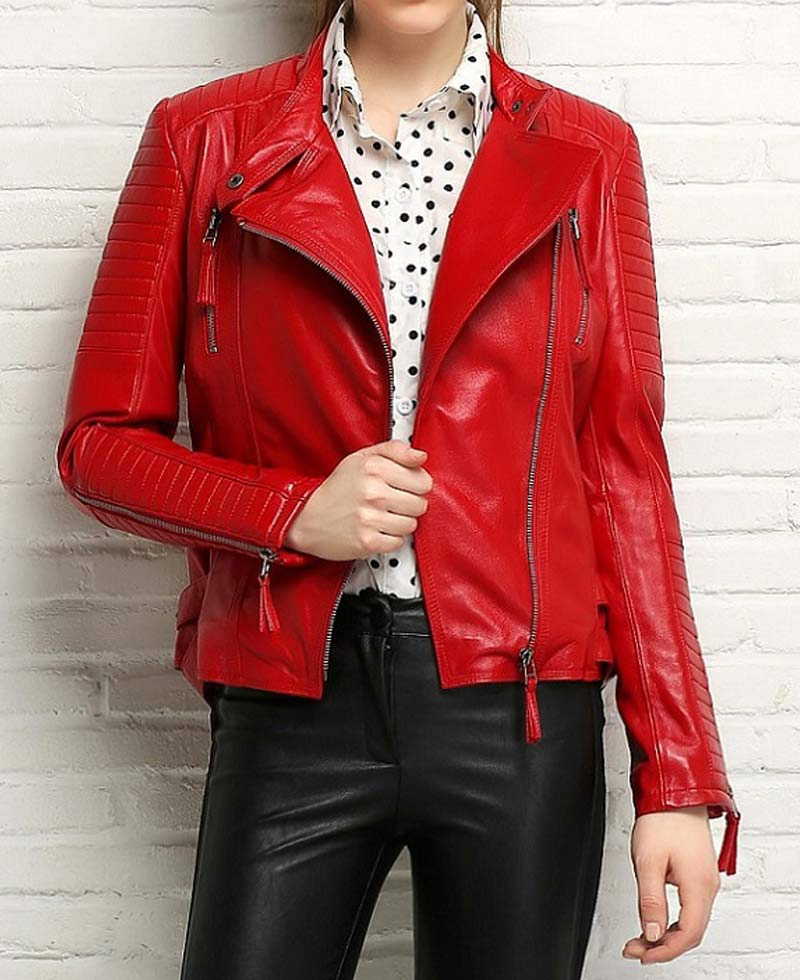 Women's Padded Sleeves Asymmetrical Red Leather Biker Jacket Women's Padded Sleeves Asymmetrical Red Leather Biker Jacket - Image 4