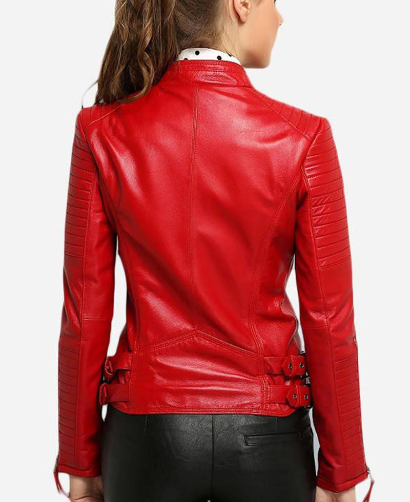 Women's Padded Sleeves Asymmetrical Red Leather Biker Jacket Women's Padded Sleeves Asymmetrical Red Leather Biker Jacket - Image 2