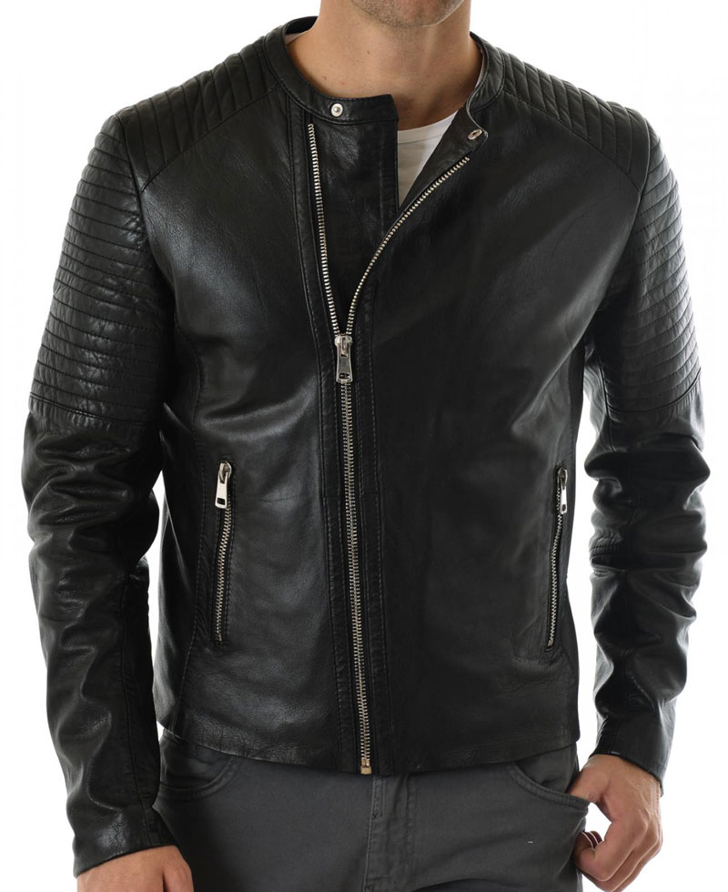 mens collarless leather jacket