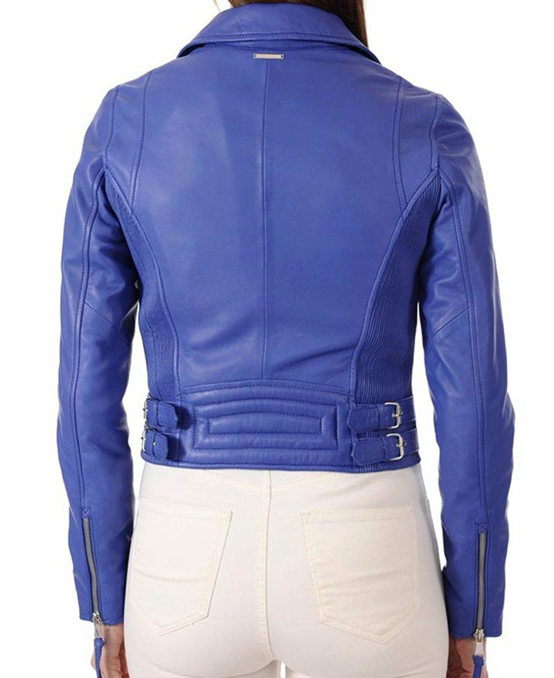Women's Asymmetrical Zipper Blue Leather Biker Jacket Women's Asymmetrical Zipper Blue Leather Biker Jacket - Image 2