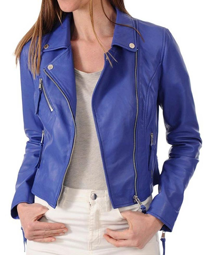 Women's Asymmetrical Zipper Blue Leather Biker Jacket Women's Asymmetrical Zipper Blue Leather Biker Jacket - Image 3
