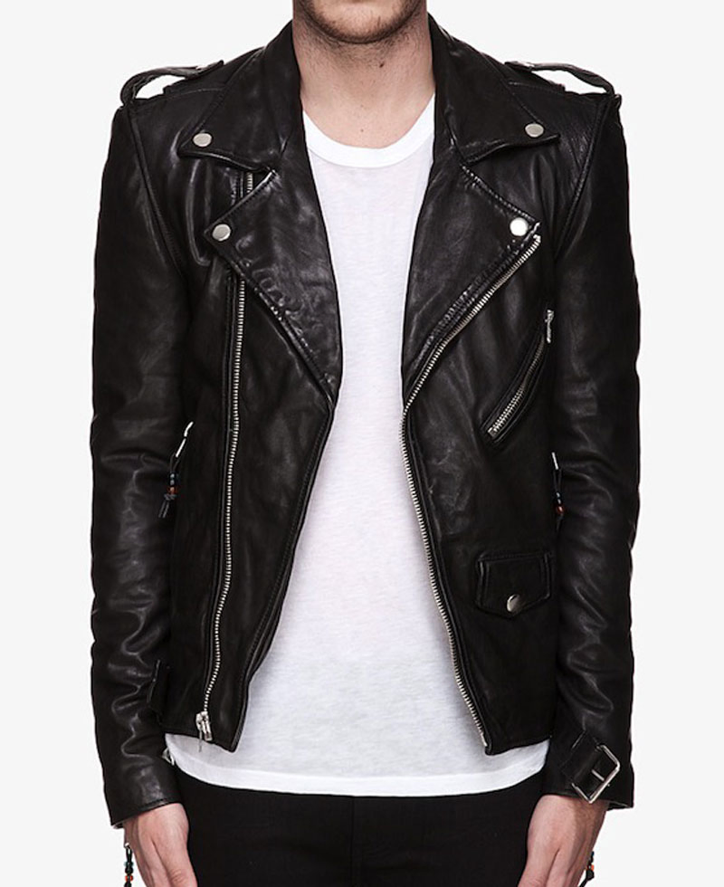 Men's Asymmetrical Zipper Biker Black Leather Jacket Men's Asymmetrical Zipper Biker Black Leather Jacket - Image 4