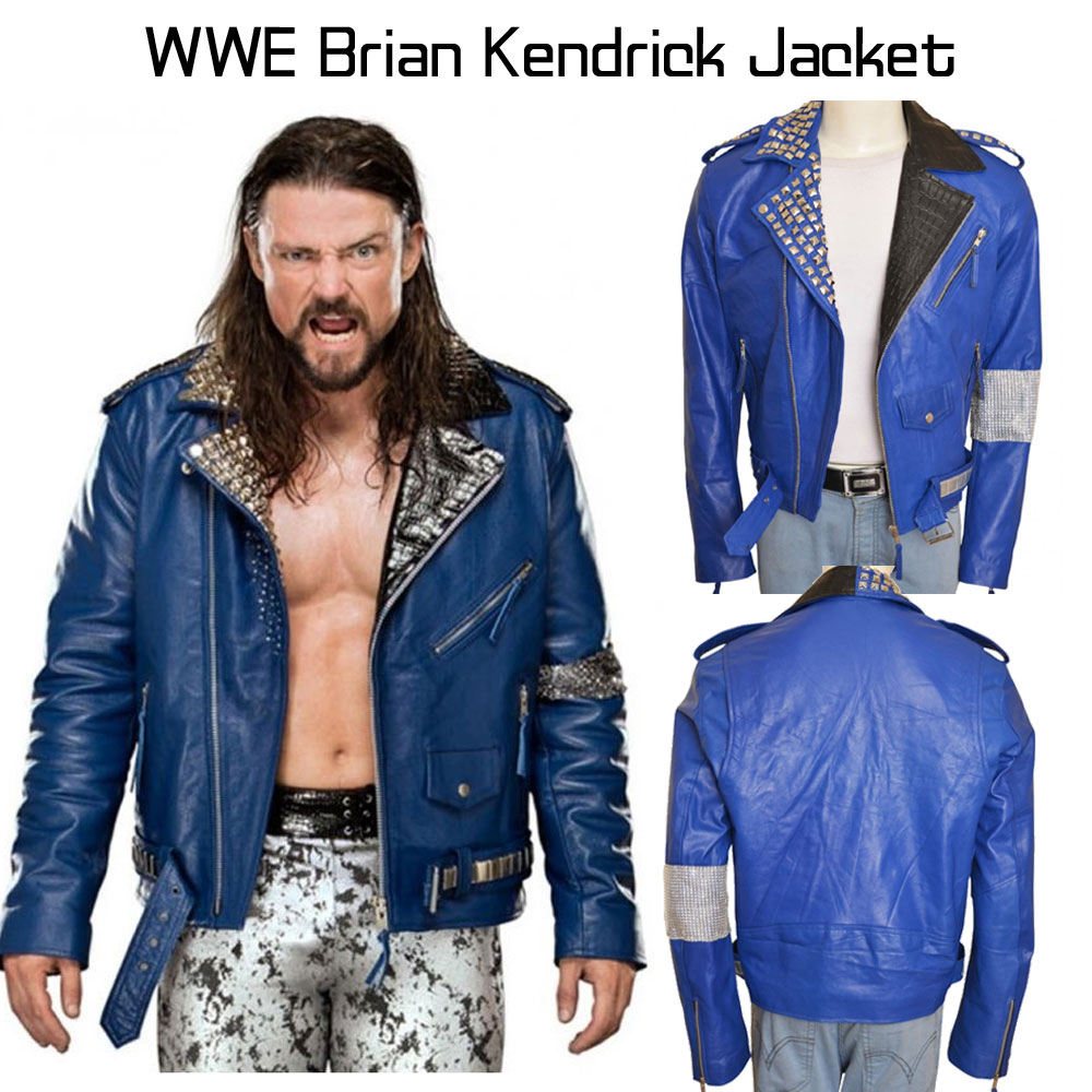 Biker Style WWE Brian Kendrick Blue Leather Jacket Biker Style WWE Brian Kendrick Blue Leather Jacket - Image 5