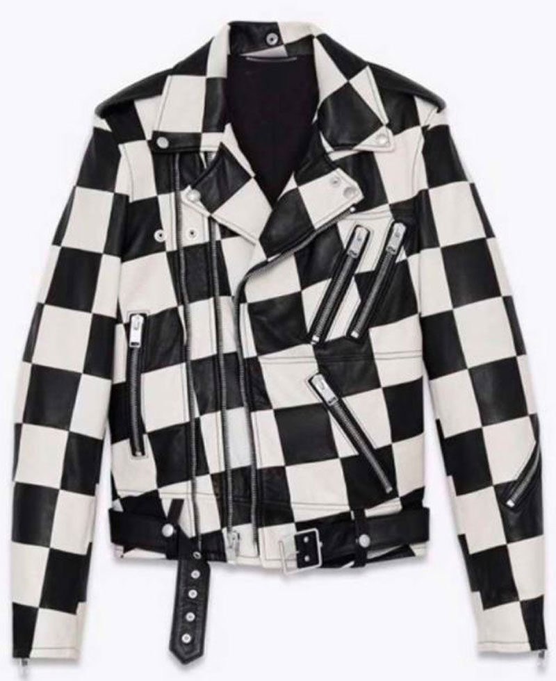 Diamond White Bold and the Beautiful Checkered Black and White Leather Jacket Diamond White Bold and the Beautiful Checkered Black and White Leather Jacket