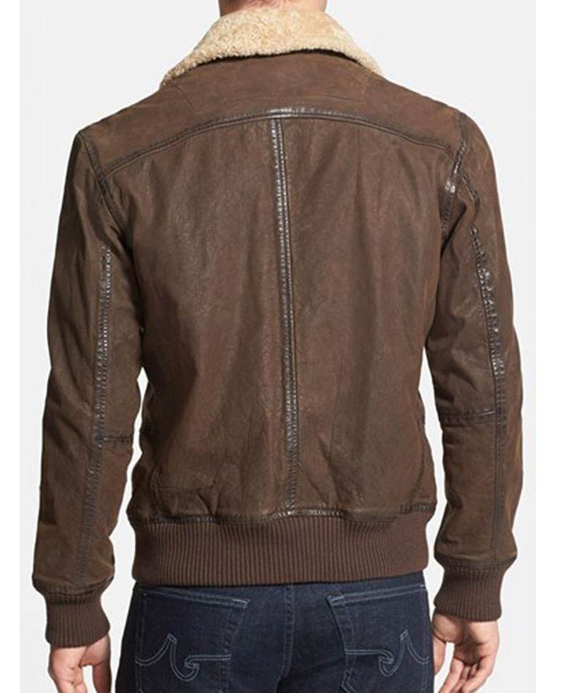Men's Bomber Causal Brown Leather Jacket with Fur Collar Men's Bomber Causal Brown Leather Jacket with Fur Collar - Image 3