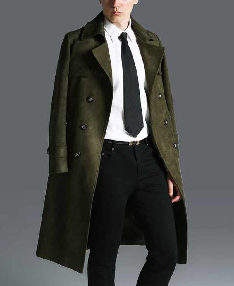 Men's Military Green Double Breasted Suede Leather Coat mens double breasted coat