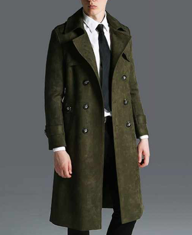 Men's Military Green Double Breasted Suede Leather Coat business men green coat