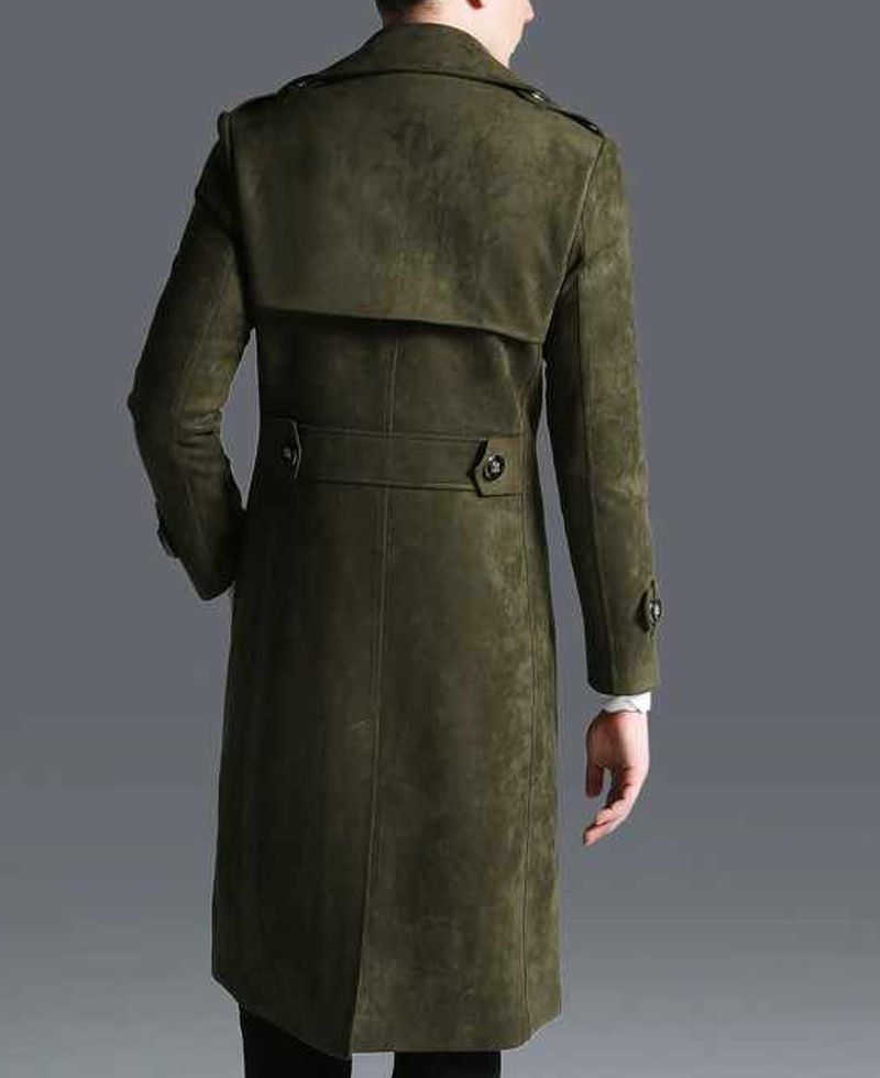 Men's Military Green Double Breasted Suede Leather Coat military green coat