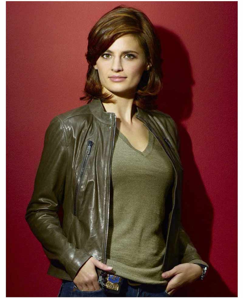 Stana Katic Castle Green Leather Jacket Stana Katic Castle Green Leather Jacket