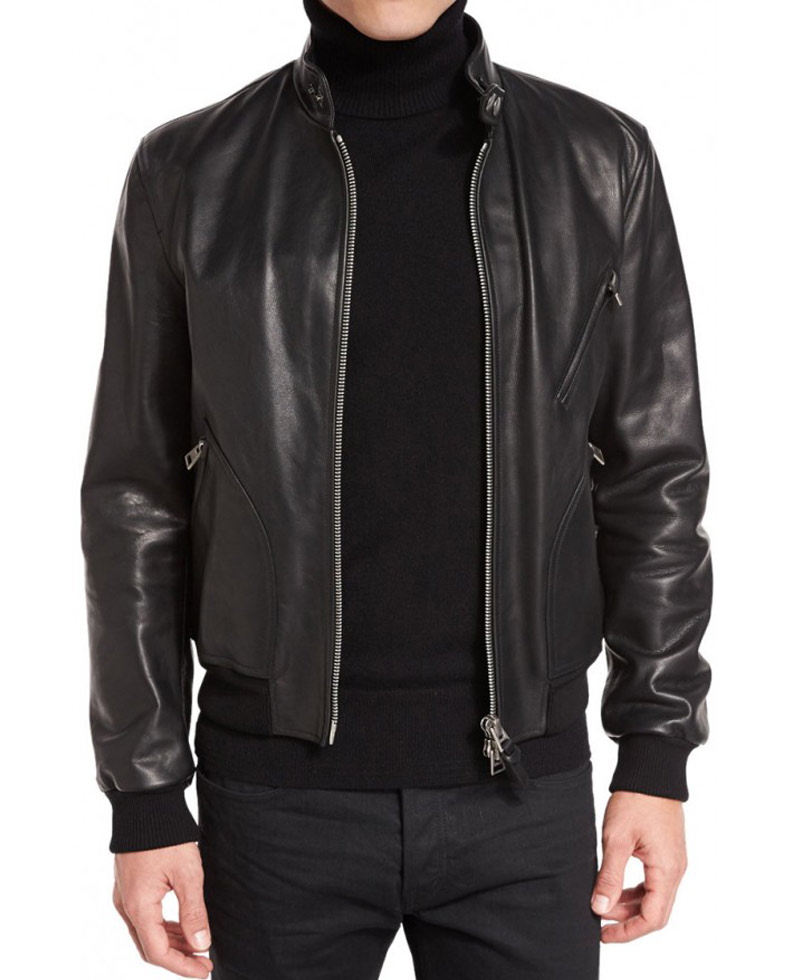 Men's Casual Snap Tab Collar Black Bomber Jacket Men's Casual Snap Tab Collar Black Bomber Jacket - Image 3