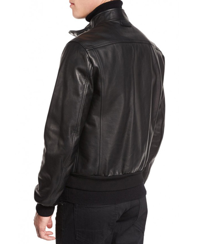 Men's Casual Snap Tab Collar Black Bomber Jacket Men's Casual Snap Tab Collar Black Bomber Jacket - Image 2