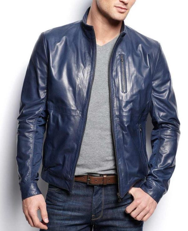 Men's Casual Wear Navy Blue Leather Jacket