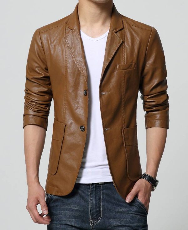 Slim Fit Casual Brown Leather Blazer for Men