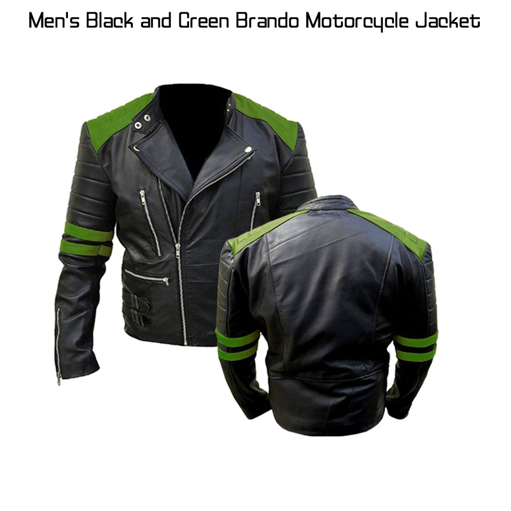 Men's Black and Green Brando Motorcycle Leather Jacket Men's Black and Green Brando Motorcycle Leather Jacket - Image 6