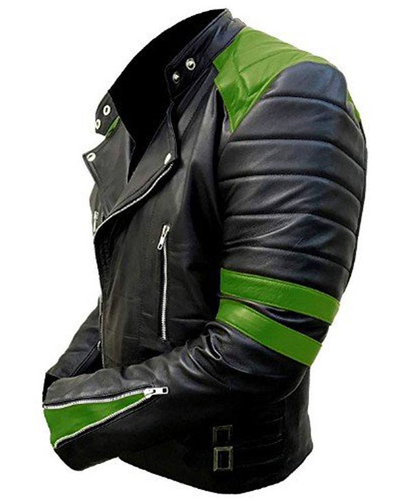 Men's Black and Green Brando Motorcycle Leather Jacket Men's Black and Green Brando Motorcycle Leather Jacket - Image 5