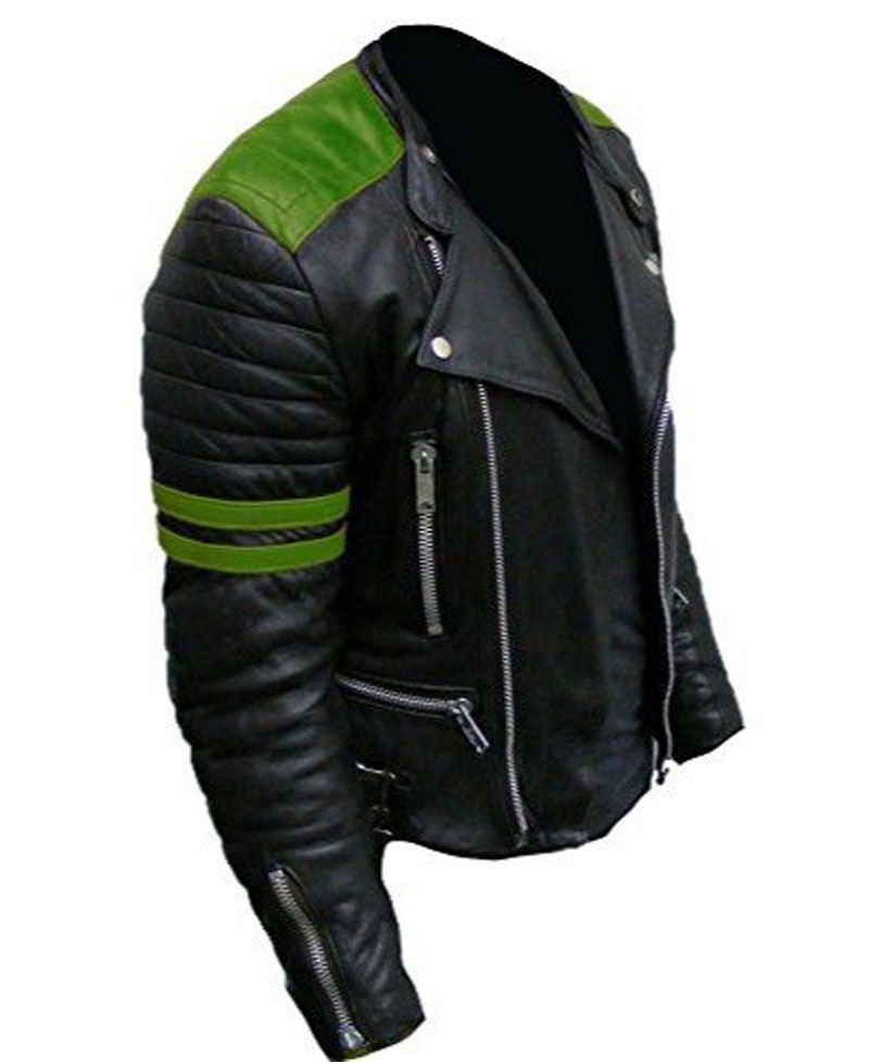 Men's Black and Green Brando Motorcycle Leather Jacket Men's Black and Green Brando Motorcycle Leather Jacket - Image 4