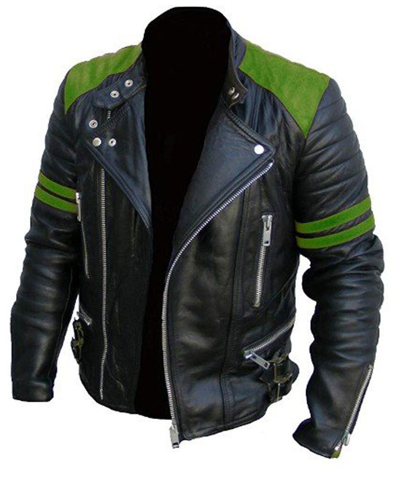 Men's Black and Green Brando Motorcycle Leather Jacket Men's Black and Green Brando Motorcycle Leather Jacket - Image 3