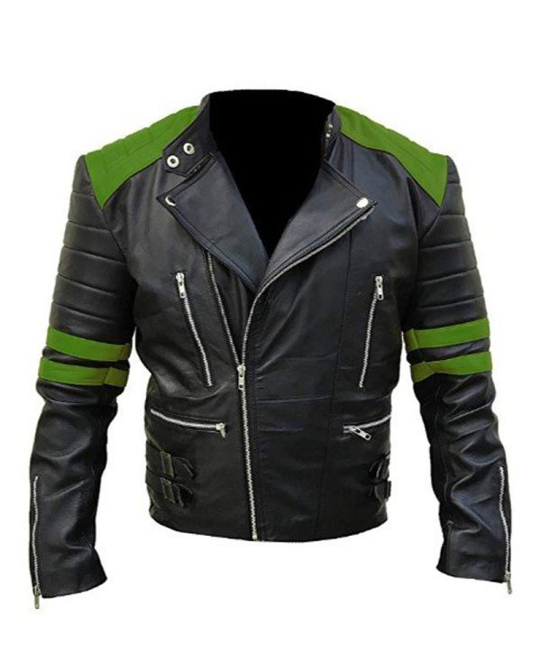 Men's Black and Green Brando Motorcycle Leather Jacket