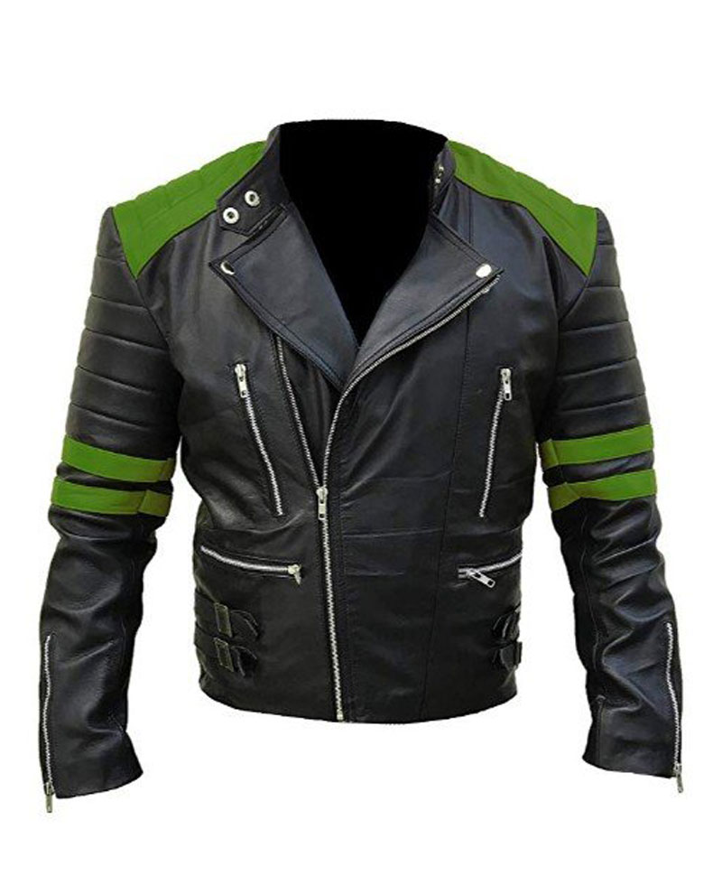 Men's Black and Green Brando Motorcycle Leather Jacket Men's Black and Green Brando Motorcycle Leather Jacket