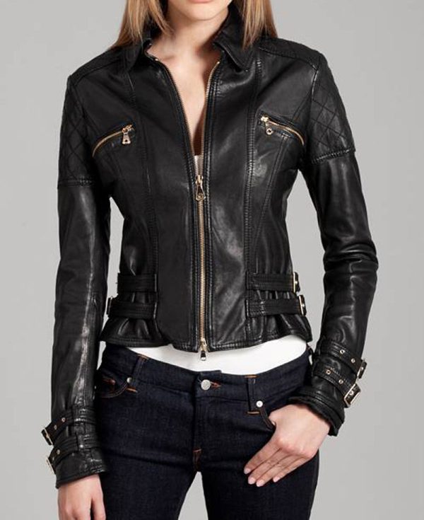 Women's Buckle Straps Design Black Leather Moto Jacket