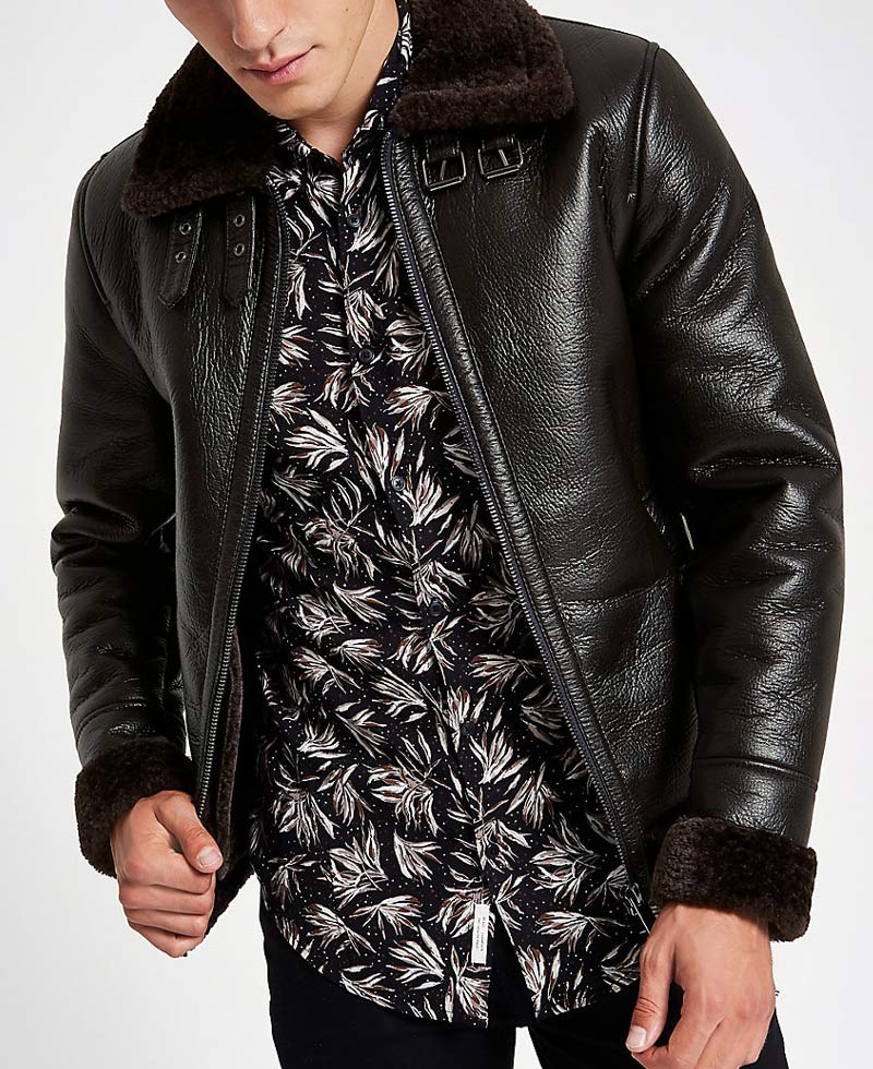 Men's Bomber Buckle Collar Dark Brown Leather Aviator Jacket Men's Bomber Buckle Collar Dark Brown Leather Aviator Jacket - Image 3