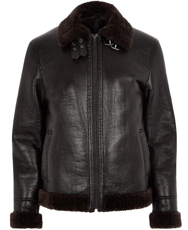 Men's Bomber Buckle Collar Dark Brown Leather Aviator Jacket
