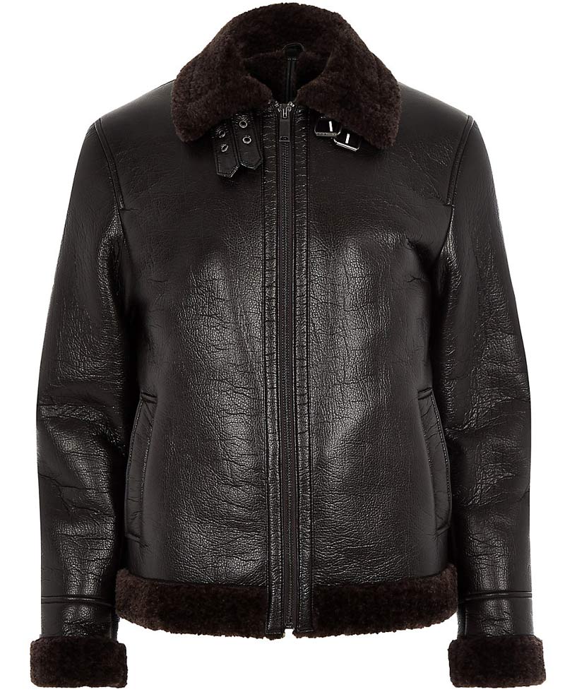 Men's Bomber Buckle Collar Dark Brown Leather Aviator Jacket