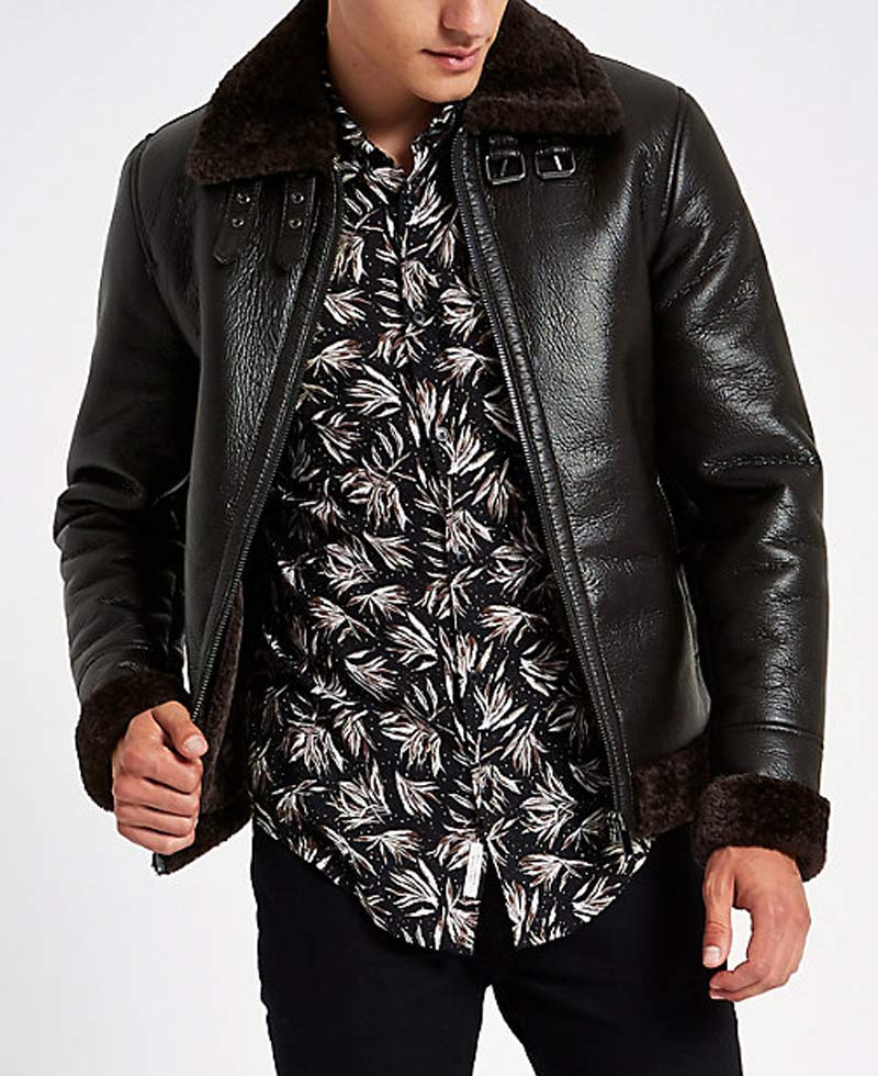 Men's Bomber Buckle Collar Dark Brown Leather Aviator Jacket Men's Bomber Buckle Collar Dark Brown Leather Aviator Jacket - Image 2