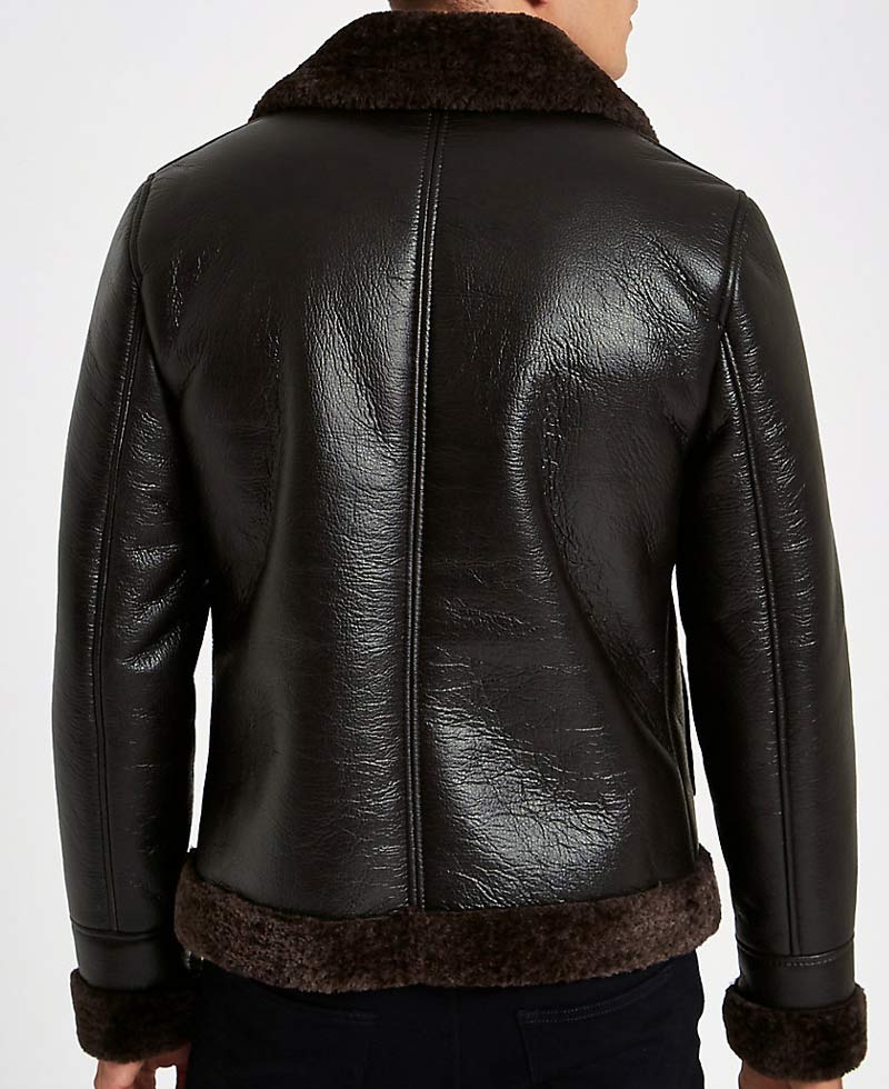 Men's Bomber Buckle Collar Dark Brown Leather Aviator Jacket Men's Bomber Buckle Collar Dark Brown Leather Aviator Jacket - Image 5