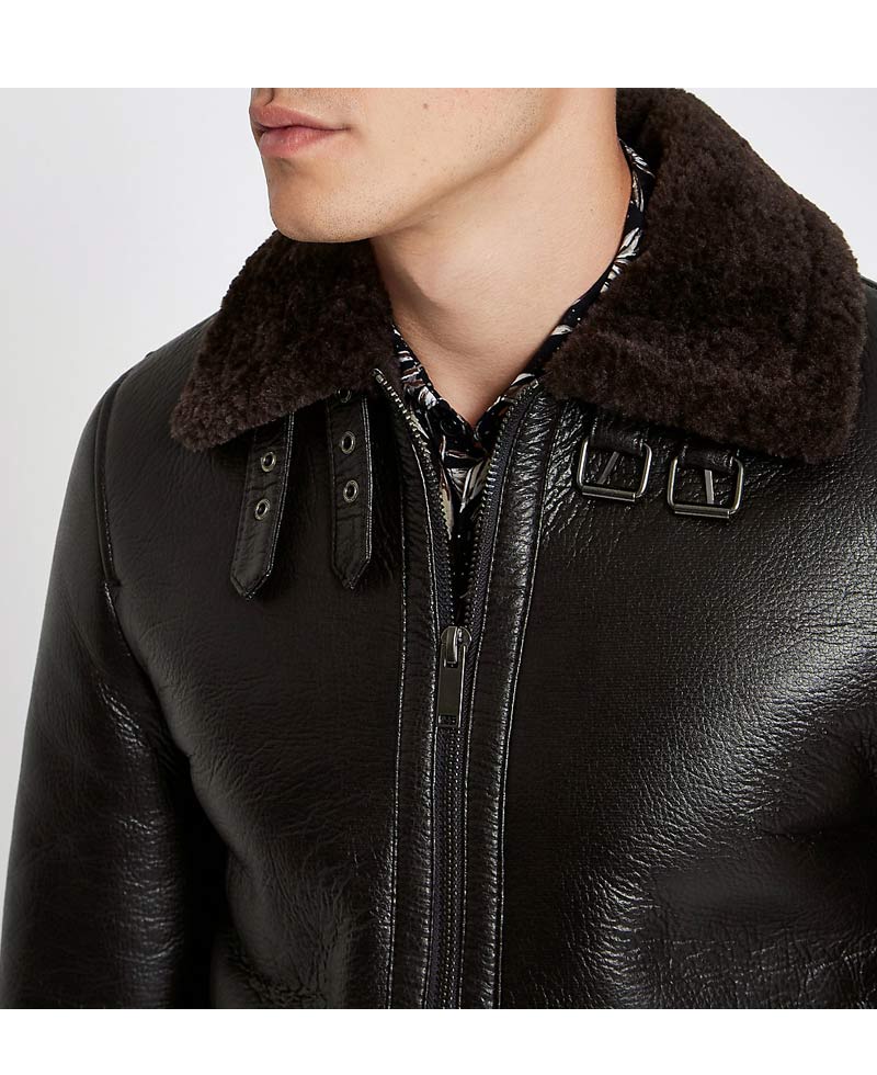 Men's Bomber Buckle Collar Dark Brown Leather Aviator Jacket Men's Bomber Buckle Collar Dark Brown Leather Aviator Jacket - Image 4