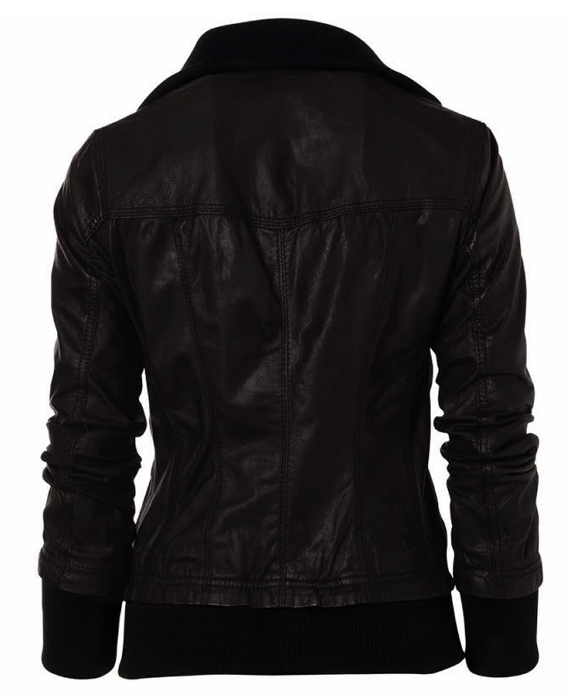 Double Collar Black Leather Bomber Jacket Women Double Collar Black Leather Bomber Jacket Women - Image 2
