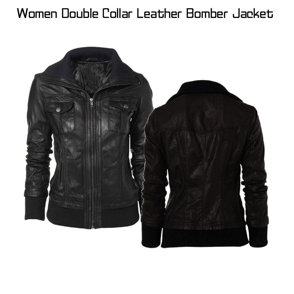 Double Collar Black Leather Bomber Jacket Women Double Collar Black Leather Bomber Jacket Women - Image 3