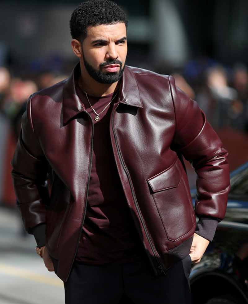 Drake Film Festival Burgundy Bomber Leather Jacket drake leather tour jacket