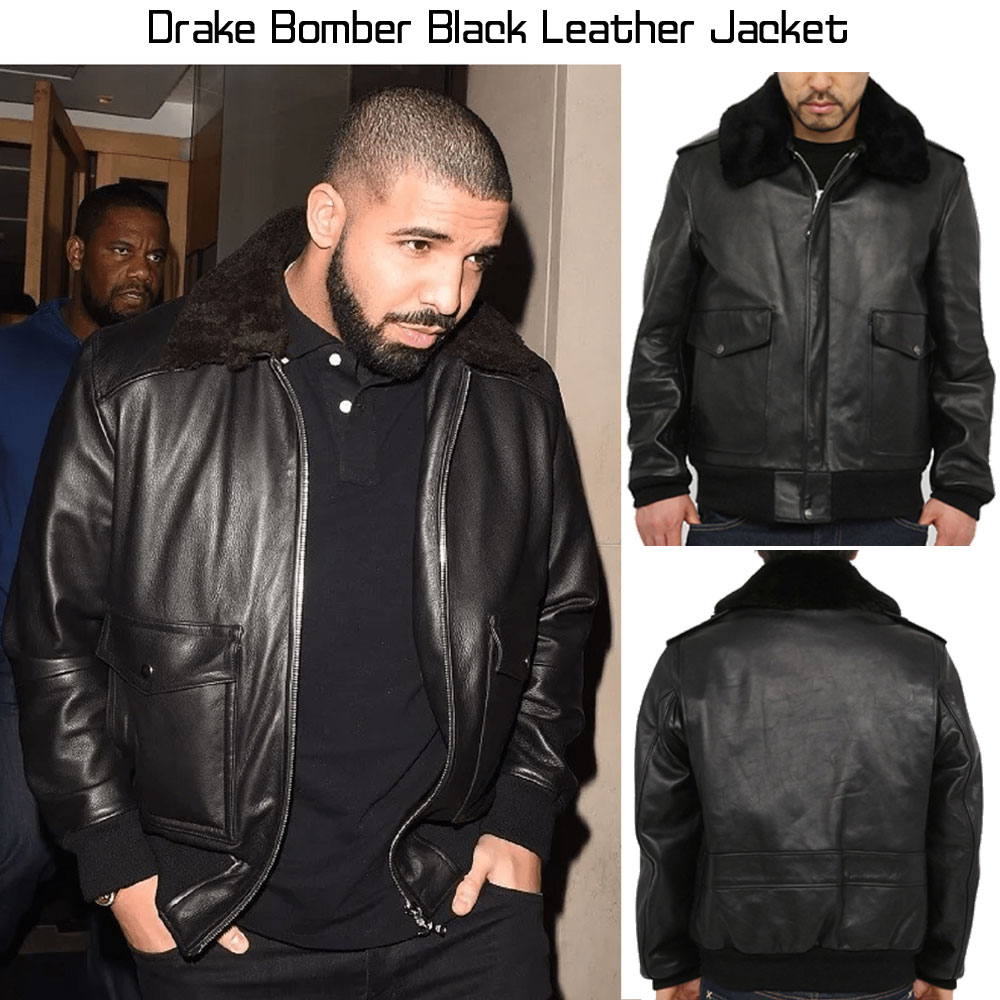 Drake Bomber Black Leather Jacket Drake Bomber Black Leather Jacket - Image 3