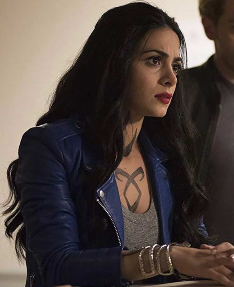 Emeraude Toubia Shadowhunters Biker Blue Leather Jacket Emeraude Toubia Shadowhunters Biker Blue Leather Jacket - Image 2
