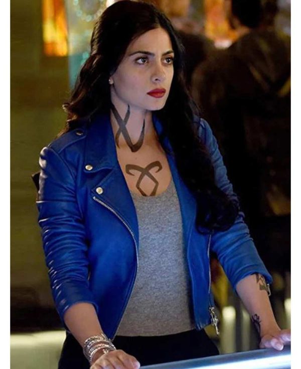 Emeraude Toubia Shadowhunters Biker Blue Leather Jacket