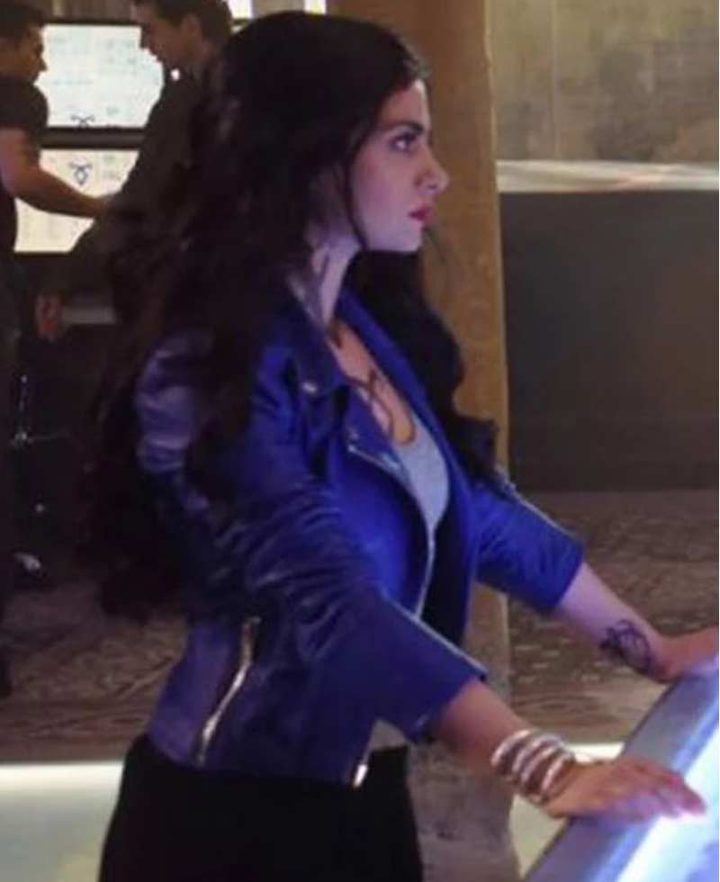 Emeraude Toubia Shadowhunters Biker Blue Leather Jacket Emeraude Toubia Shadowhunters Biker Blue Leather Jacket - Image 3