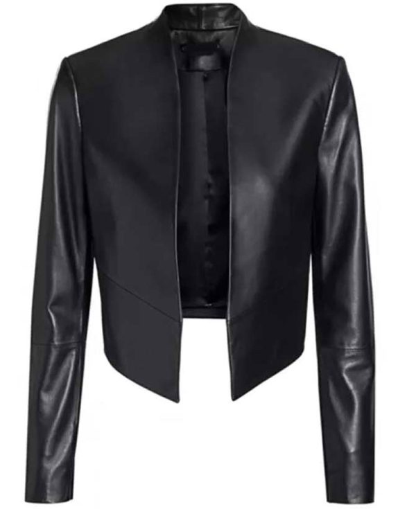 Emily in Paris Lily Collins Cropped Black Leather Jacket
