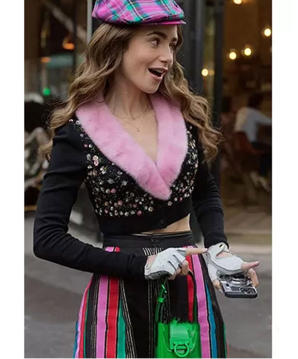Emily In Paris S2 Emily Cooper Fur Collar Cardigan