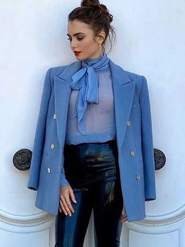 Emily In Paris S2 Lily Collins Blue Peacoat Emily In Paris S2 Lily Collins Blue Peacoat - Image 2