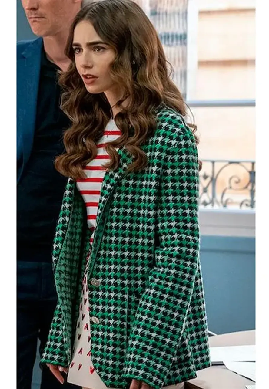 Emily In Paris S2 Lily Collins Green Houndstooth Blazer Emily In Paris S2 Lily Collins Green Houndstooth Blazer - Image 4