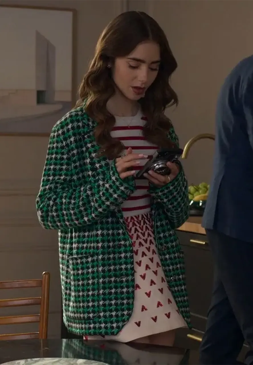 Emily In Paris S2 Lily Collins Green Houndstooth Blazer Emily In Paris S2 Lily Collins Green Houndstooth Blazer - Image 3