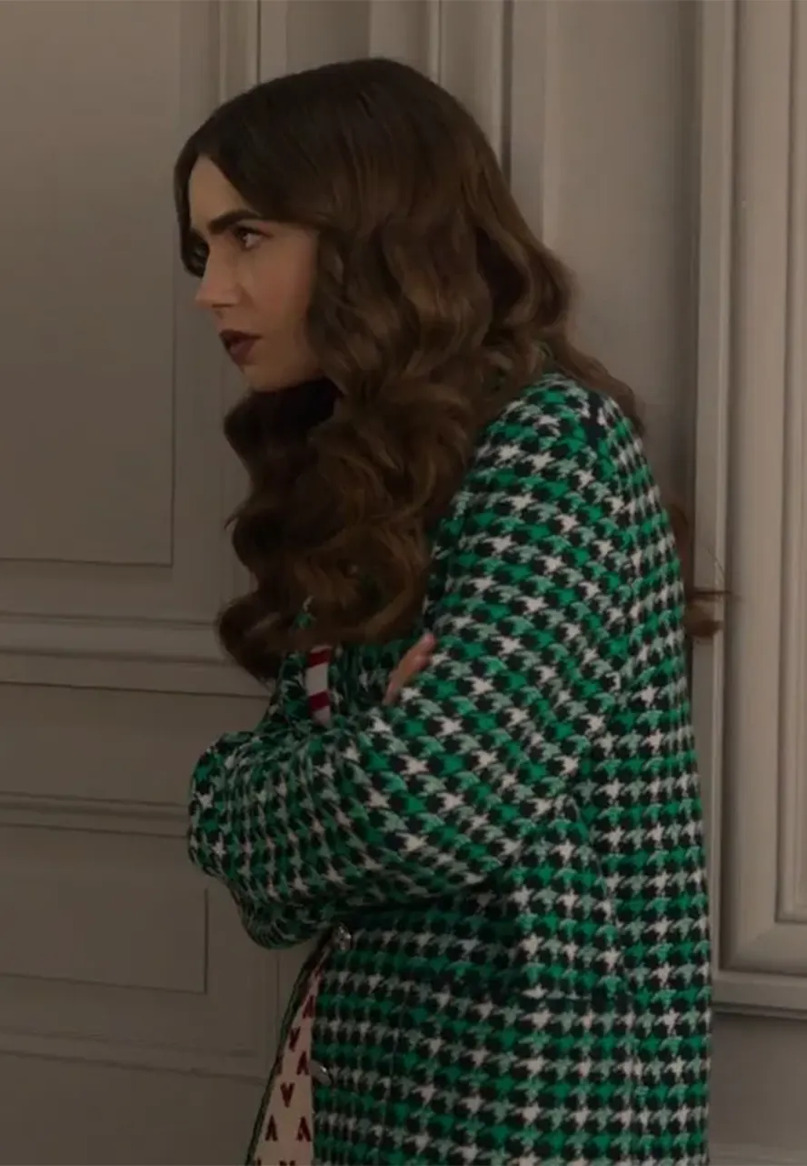 Emily In Paris S2 Lily Collins Green Houndstooth Blazer Emily In Paris S2 Lily Collins Green Houndstooth Blazer - Image 5