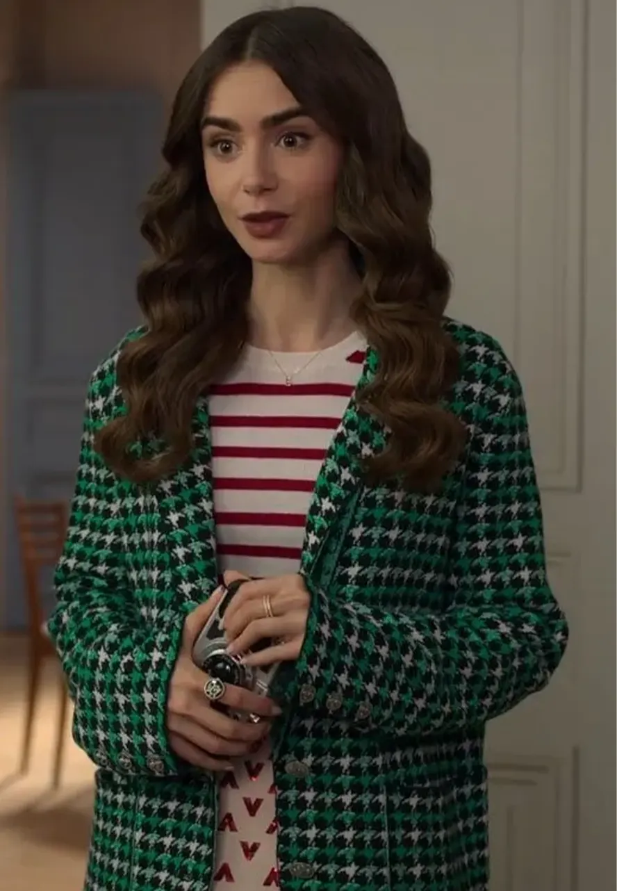 Emily In Paris S2 Lily Collins Green Houndstooth Blazer Emily In Paris S2 Lily Collins Green Houndstooth Blazer