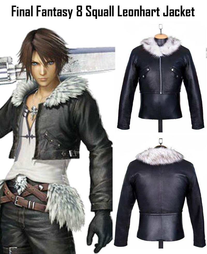 Final Fantasy 8 Squall Leonhart Fur Leather Jacket final fantasy 8 black leather jacket